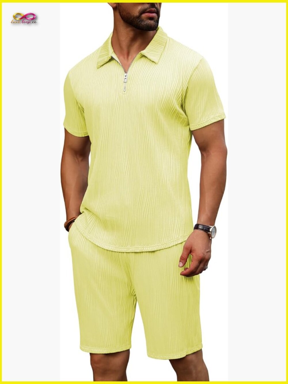 Mens 2 Piece Short Set Casual Quarter Zip Polo Summer Outfit Short Sleeve Set